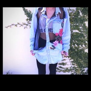 One of a kind Denim with rose patches and mesh